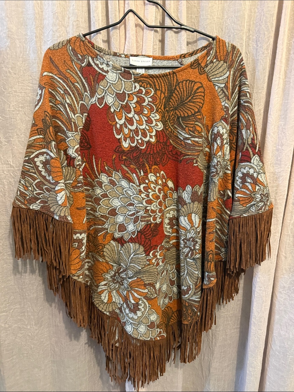 Susan Graver Floral Fringe Poncho in Rust, Orange, Brown